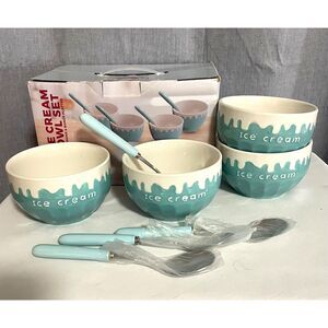 Chef’s Counter Ice Cream Bowl Set 4 Bowls 4 Spoons Blue Ceramic Summer Fun